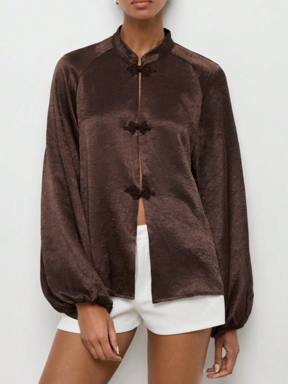 Brown Satin Frog Button Blouse with Mandarin Collar